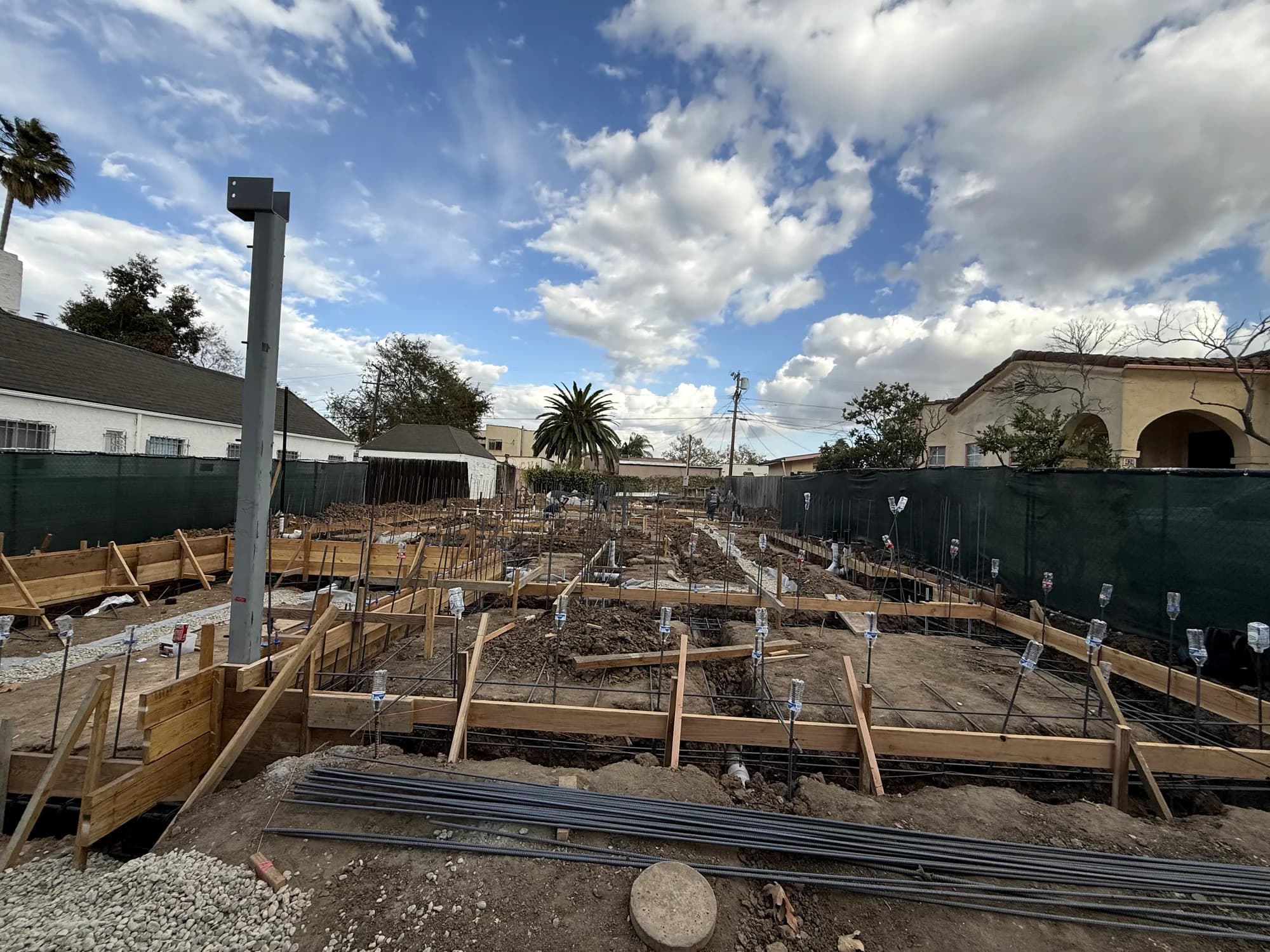 Formed footings and steel columns ready for pour