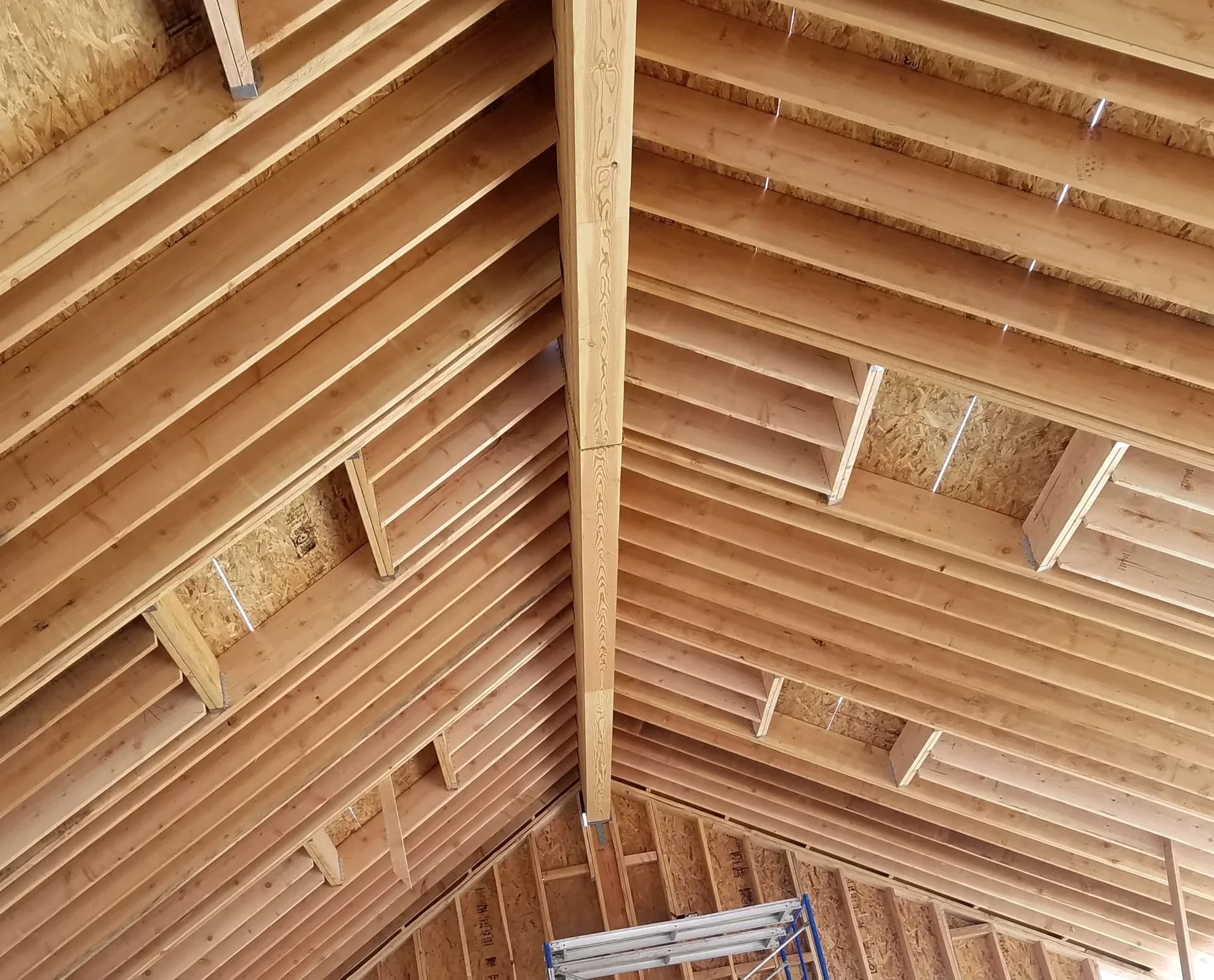 Exposed roof framing and ridge beam on an APW Builders project