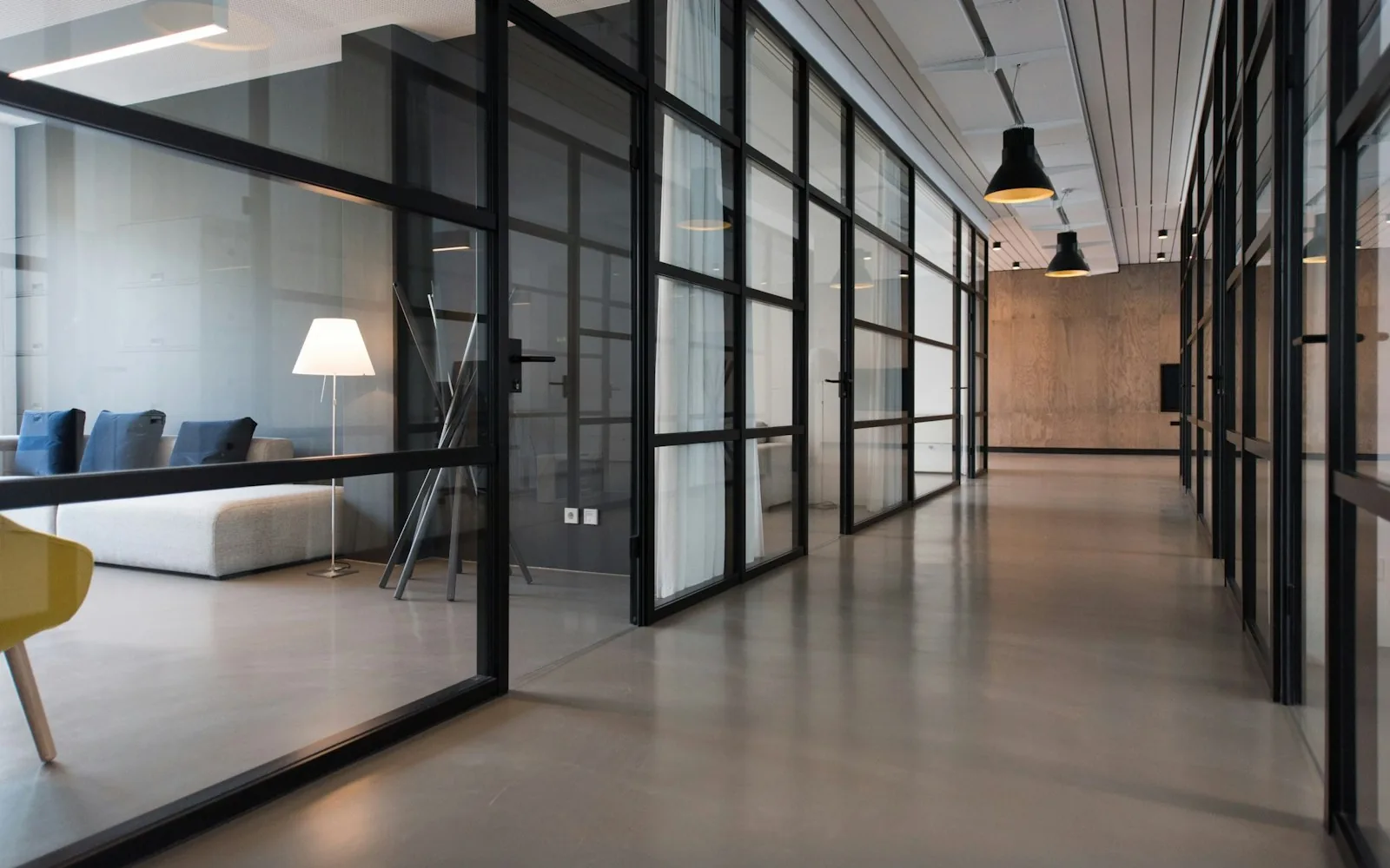 Fitted-out commercial interior with glazed partitions